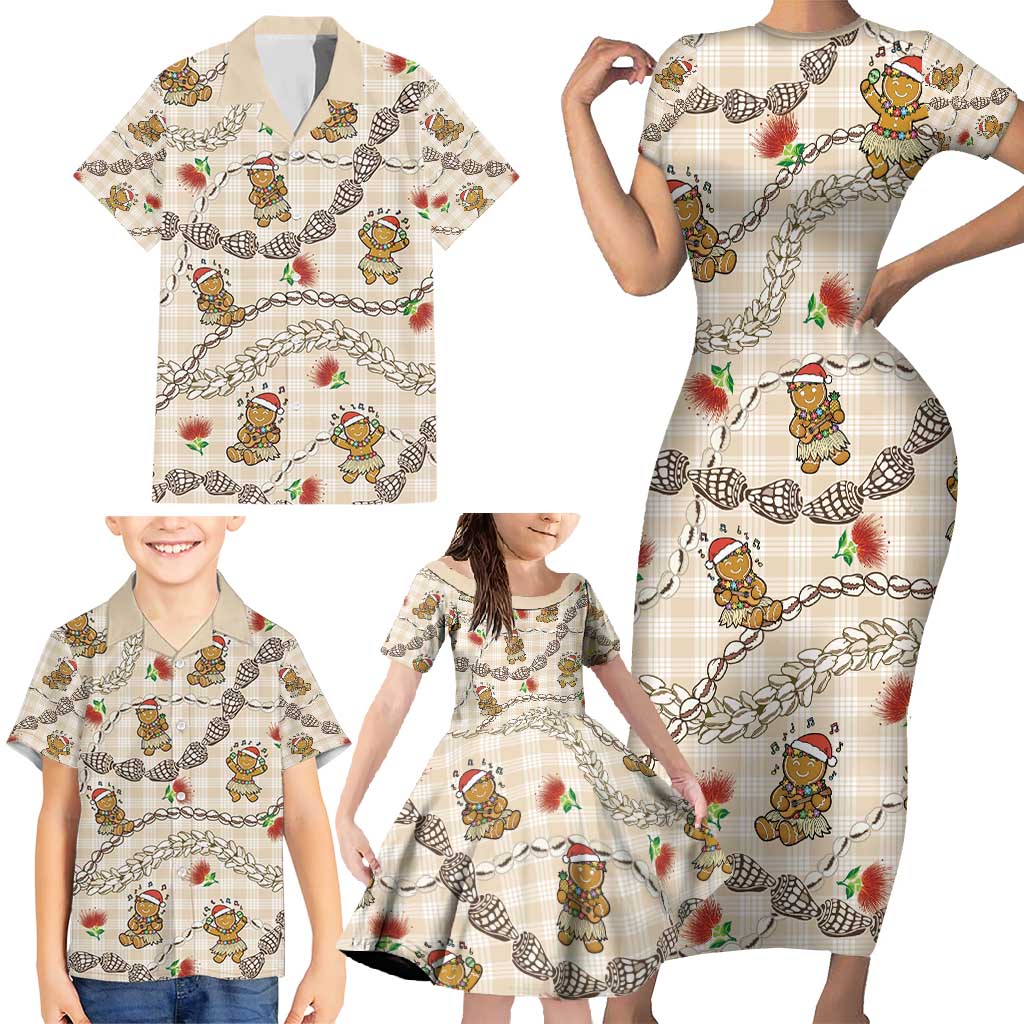 Beige Palaka Hawaii Mele Kalikimaka Family Matching Short Sleeve Bodycon Dress and Hawaiian Shirt Ohia Lehua Shell Leis Funny Gingerbread Santa - Polynesian Pride
