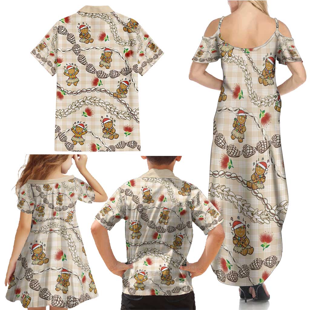 Beige Palaka Hawaii Mele Kalikimaka Family Matching Summer Maxi Dress and Hawaiian Shirt Ohia Lehua Shell Leis Funny Gingerbread Santa - Polynesian Pride