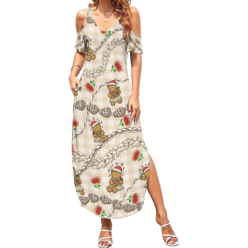 Beige Palaka Hawaii Mele Kalikimaka Family Matching Summer Maxi Dress and Hawaiian Shirt Ohia Lehua Shell Leis Funny Gingerbread Santa - Polynesian Pride