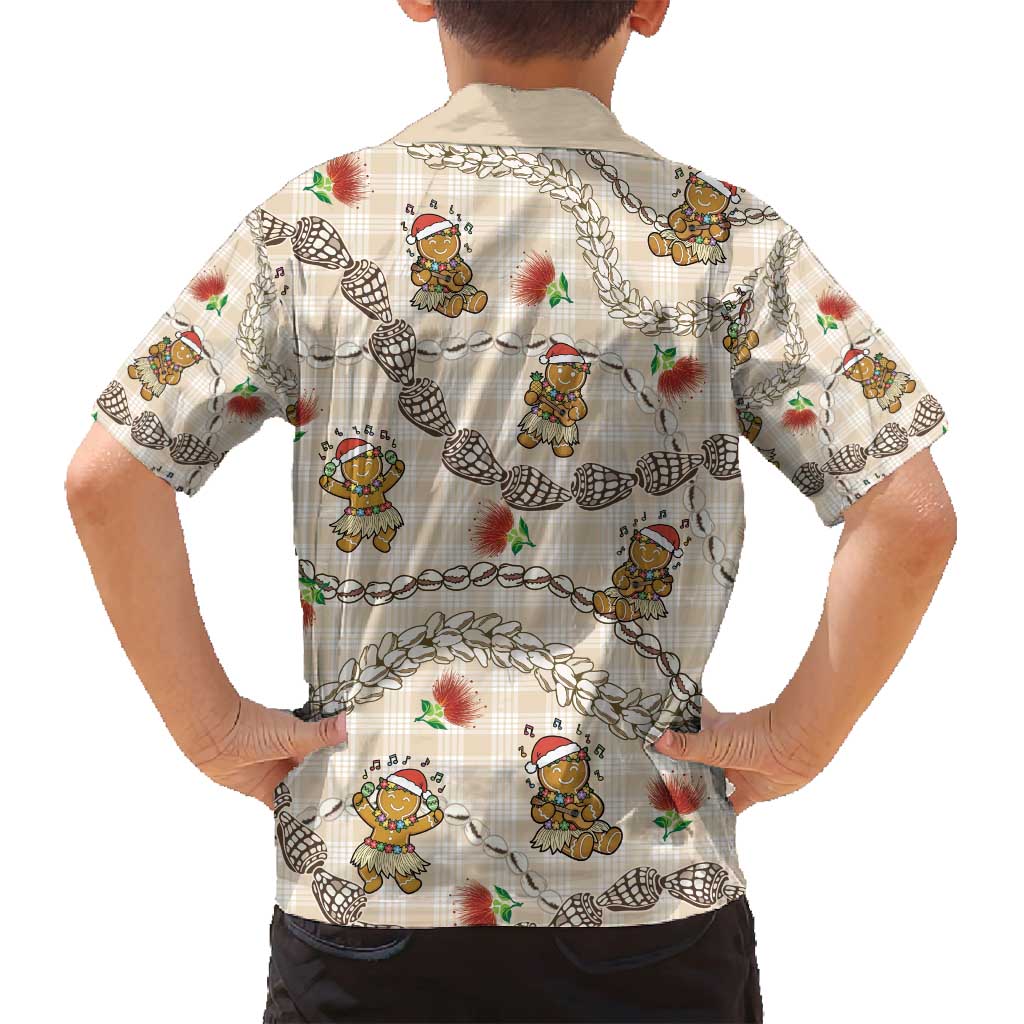 Beige Palaka Hawaii Mele Kalikimaka Family Matching Tank Maxi Dress and Hawaiian Shirt Ohia Lehua Shell Leis Funny Gingerbread Santa - Polynesian Pride