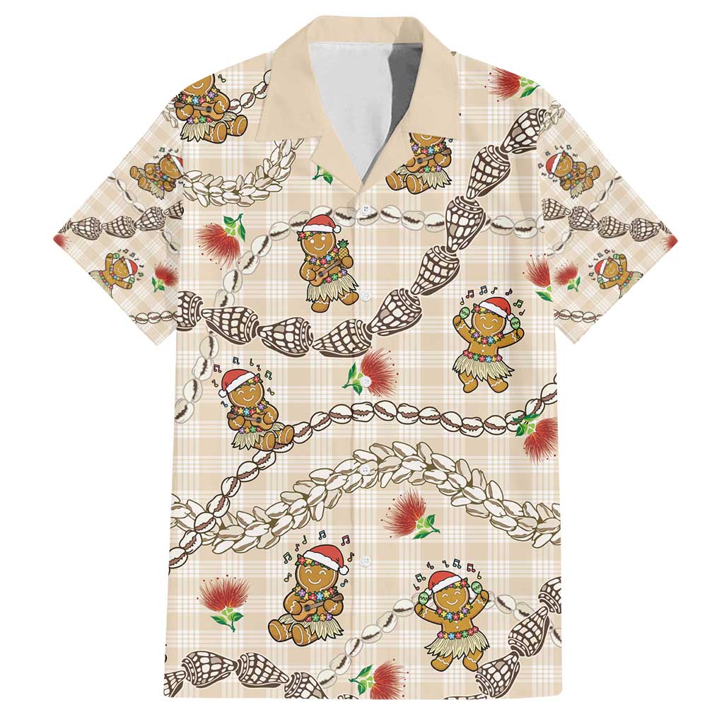 Beige Palaka Hawaii Mele Kalikimaka Family Matching Tank Maxi Dress and Hawaiian Shirt Ohia Lehua Shell Leis Funny Gingerbread Santa - Polynesian Pride