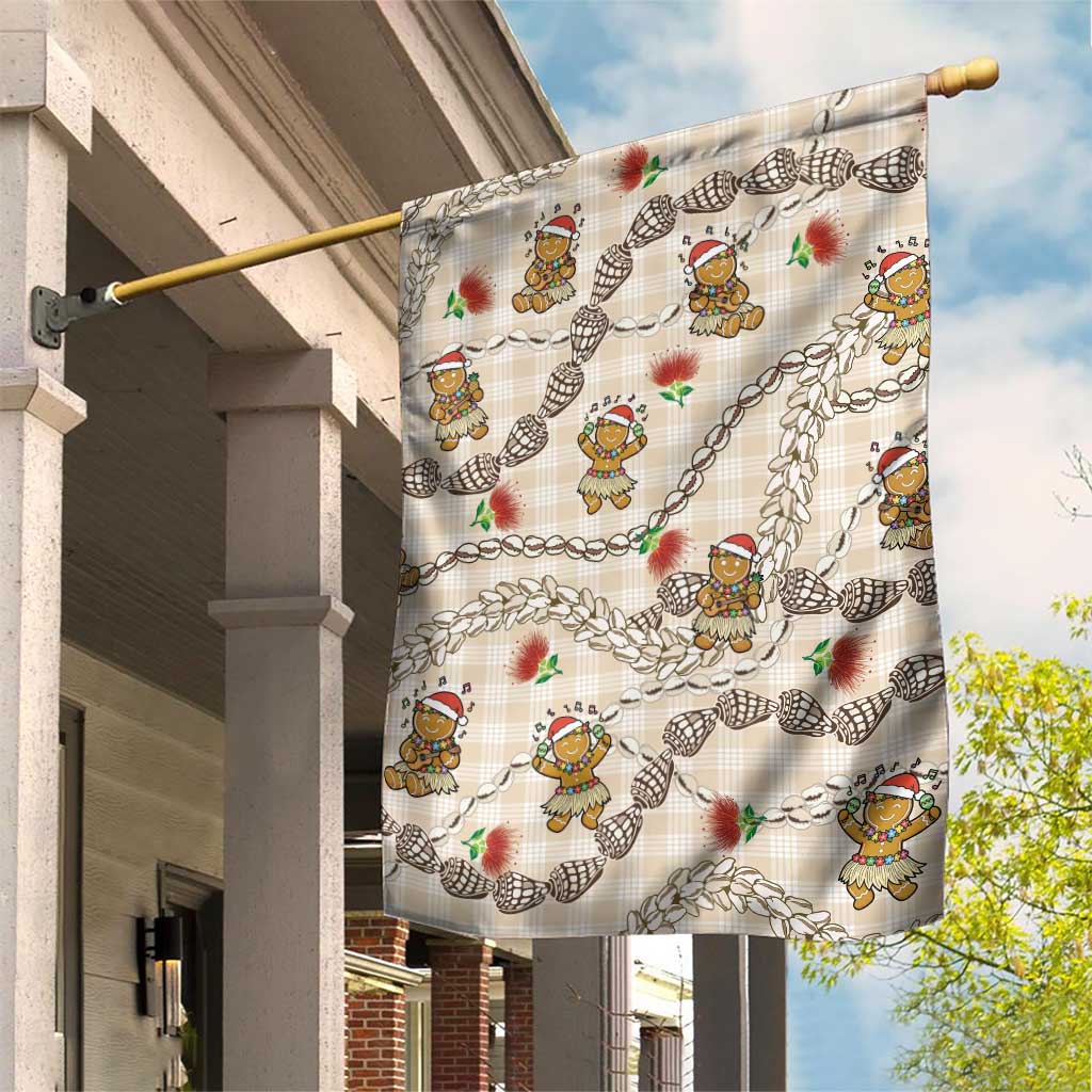 Beige Palaka Hawaii Mele Kalikimaka Garden Flag Ohia Lehua Shell Leis Funny Gingerbread Santa - Polynesian Pride