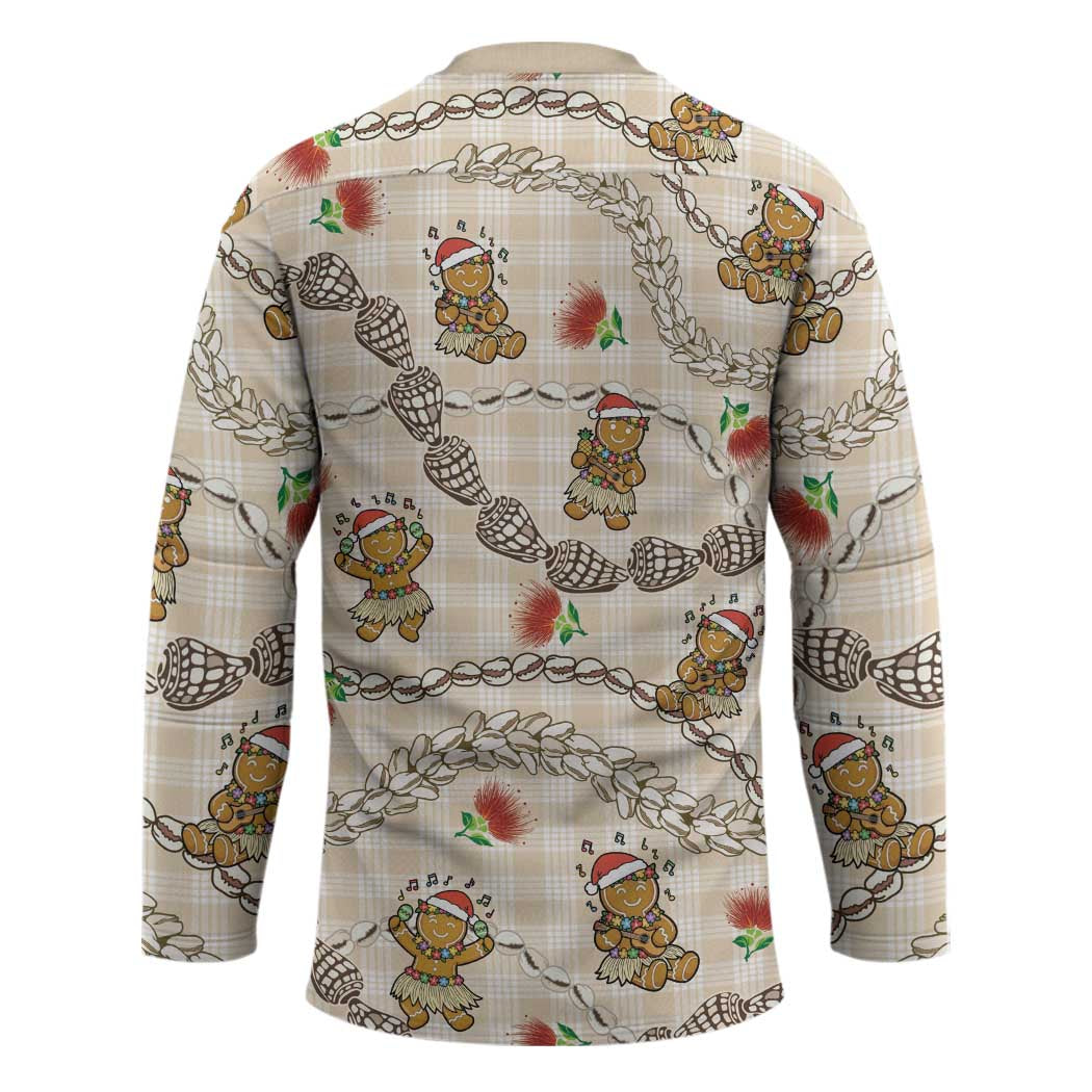 Beige Palaka Hawaii Mele Kalikimaka Hockey Jersey Ohia Lehua Shell Leis Funny Gingerbread Santa - Polynesian Pride
