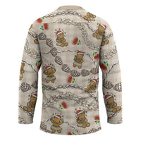 Beige Palaka Hawaii Mele Kalikimaka Hockey Jersey Ohia Lehua Shell Leis Funny Gingerbread Santa - Polynesian Pride