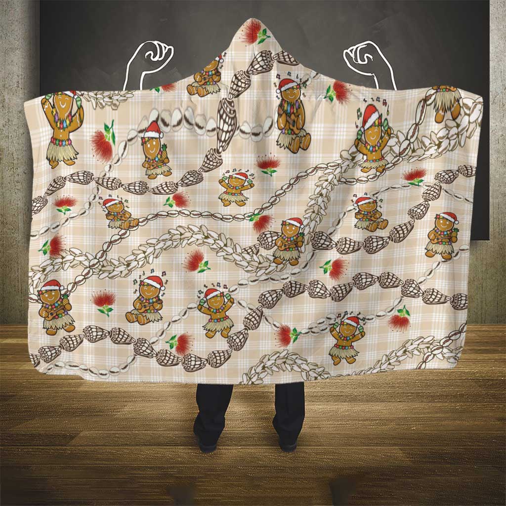 Beige Palaka Hawaii Mele Kalikimaka Hooded Blanket Ohia Lehua Shell Leis Funny Gingerbread Santa - Polynesian Pride