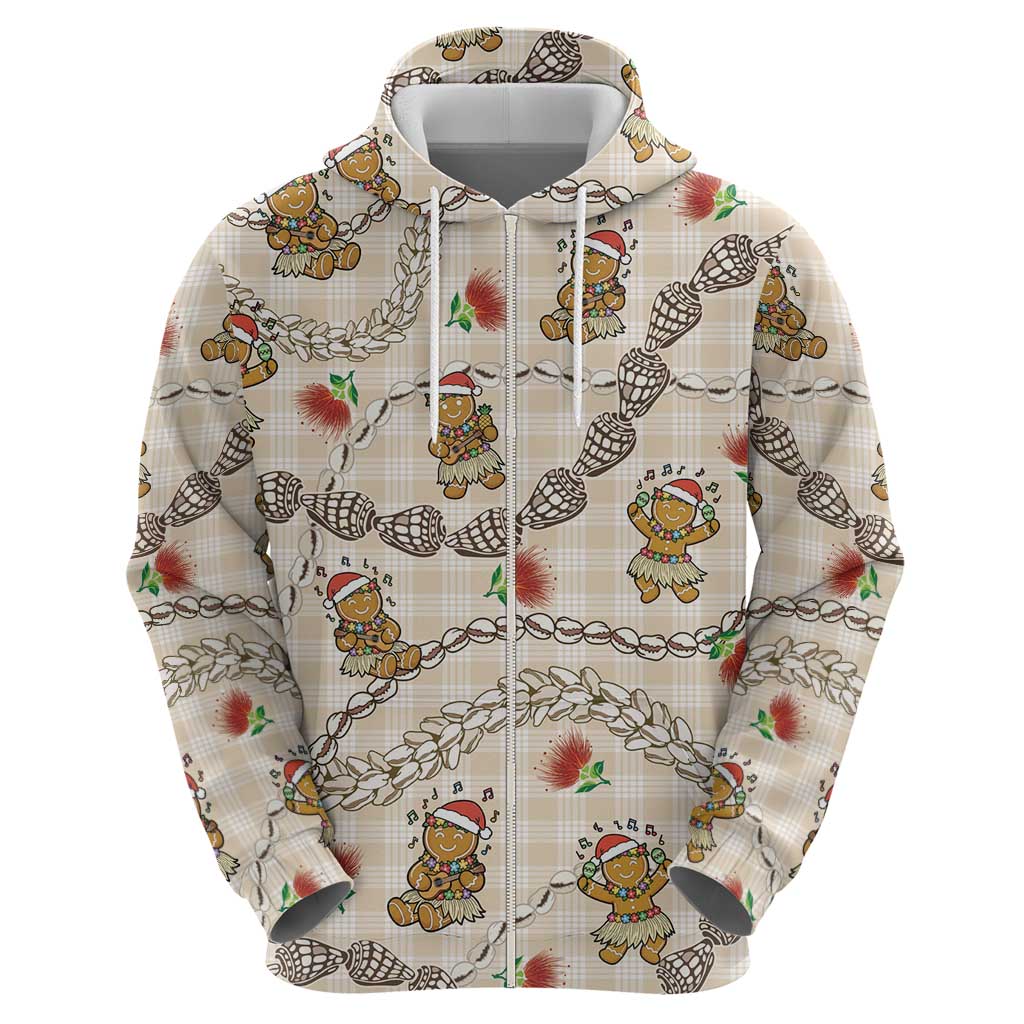 Beige Palaka Hawaii Mele Kalikimaka Hoodie Ohia Lehua Shell Leis Funny Gingerbread Santa - Polynesian Pride
