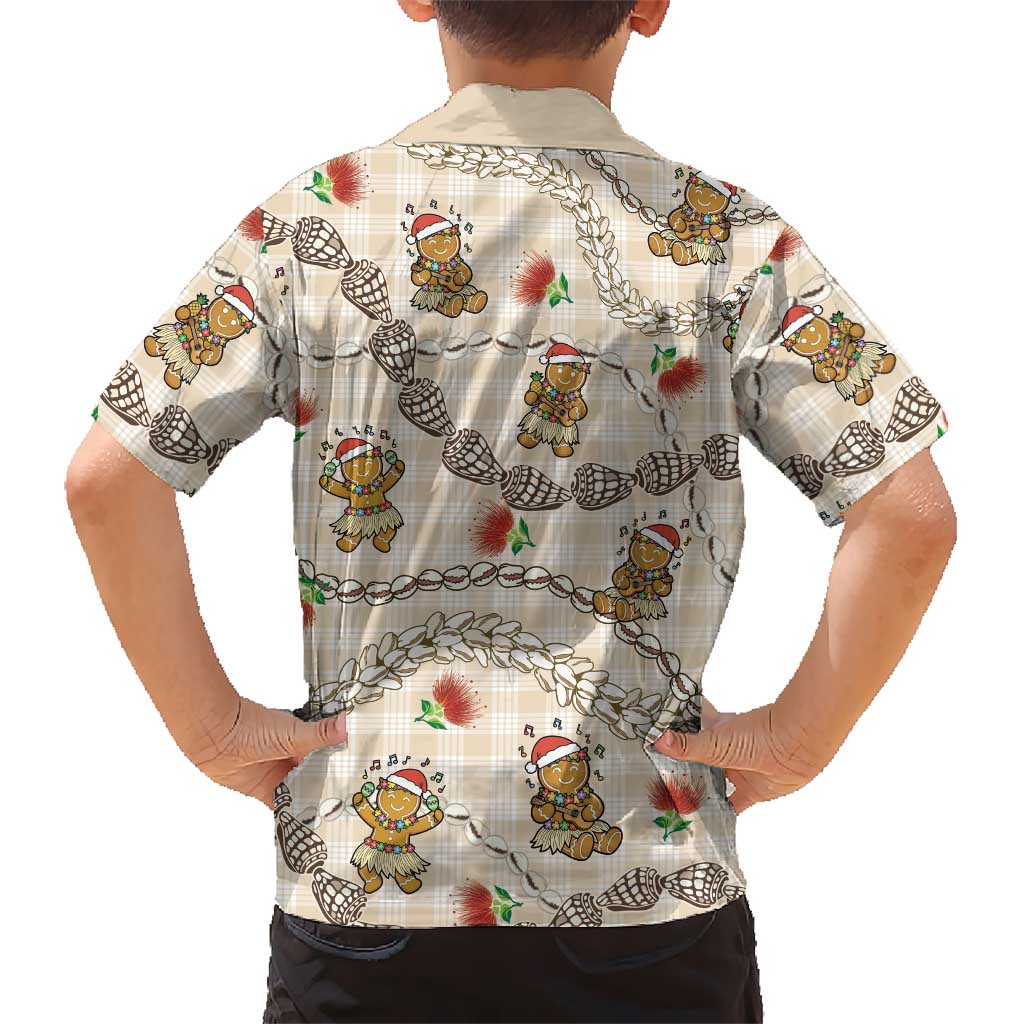 Beige Palaka Hawaii Mele Kalikimaka Kid Hawaiian Shirt Ohia Lehua Shell Leis Funny Gingerbread Santa LT14 - Polynesian Pride