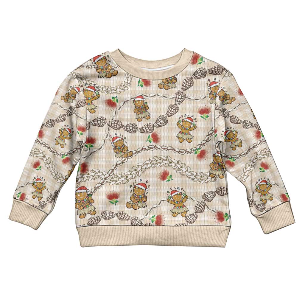 Beige Palaka Hawaii Mele Kalikimaka Kid Ugly Christmas Sweater Ohia Lehua Shell Leis Funny Gingerbread Santa LT14 Kid Beige - Polynesian Pride