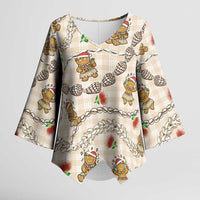 Beige Palaka Hawaii Mele Kalikimaka Kimono Sleeve Blouse Ohia Lehua Shell Leis Funny Gingerbread Santa - Polynesian Pride