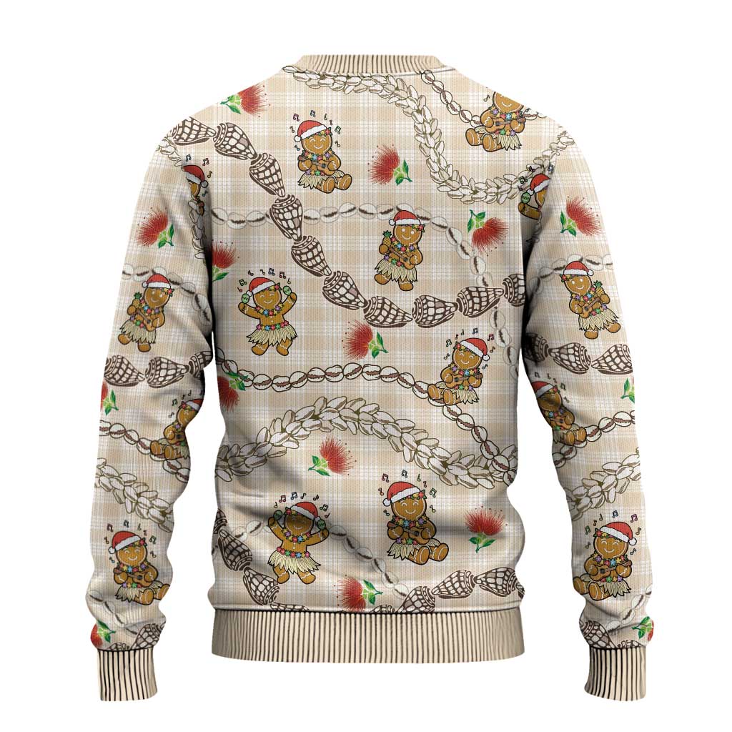Beige Palaka Hawaii Mele Kalikimaka Ugly Christmas Sweater Ohia Lehua Shell Leis Funny Gingerbread Santa - Polynesian Pride