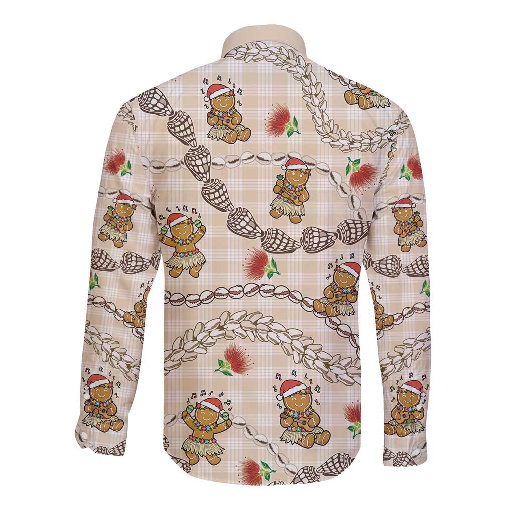 Beige Palaka Hawaii Mele Kalikimaka Long Sleeve Button Shirt Ohia Lehua Shell Leis Funny Gingerbread Santa - Polynesian Pride
