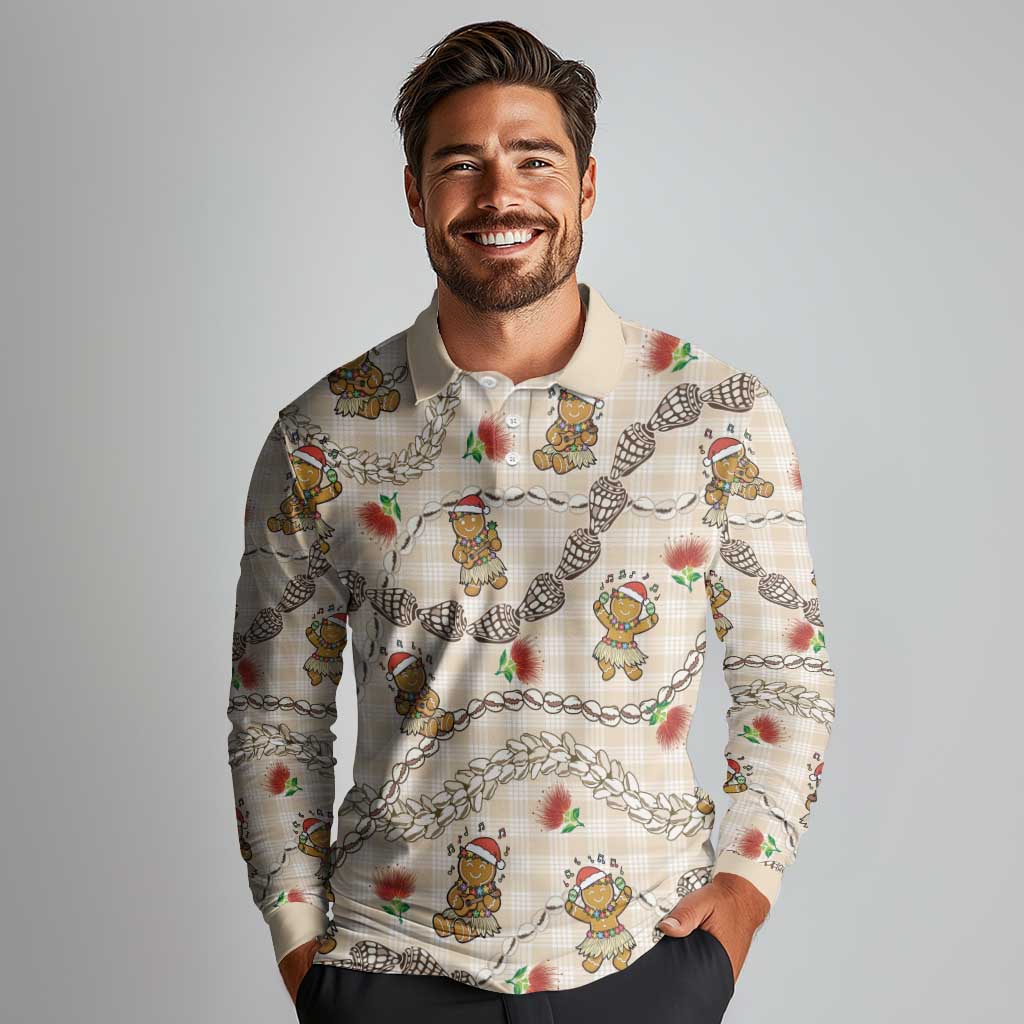 Beige Palaka Hawaii Mele Kalikimaka Long Sleeve Polo Shirt Ohia Lehua Shell Leis Funny Gingerbread Santa - Polynesian Pride
