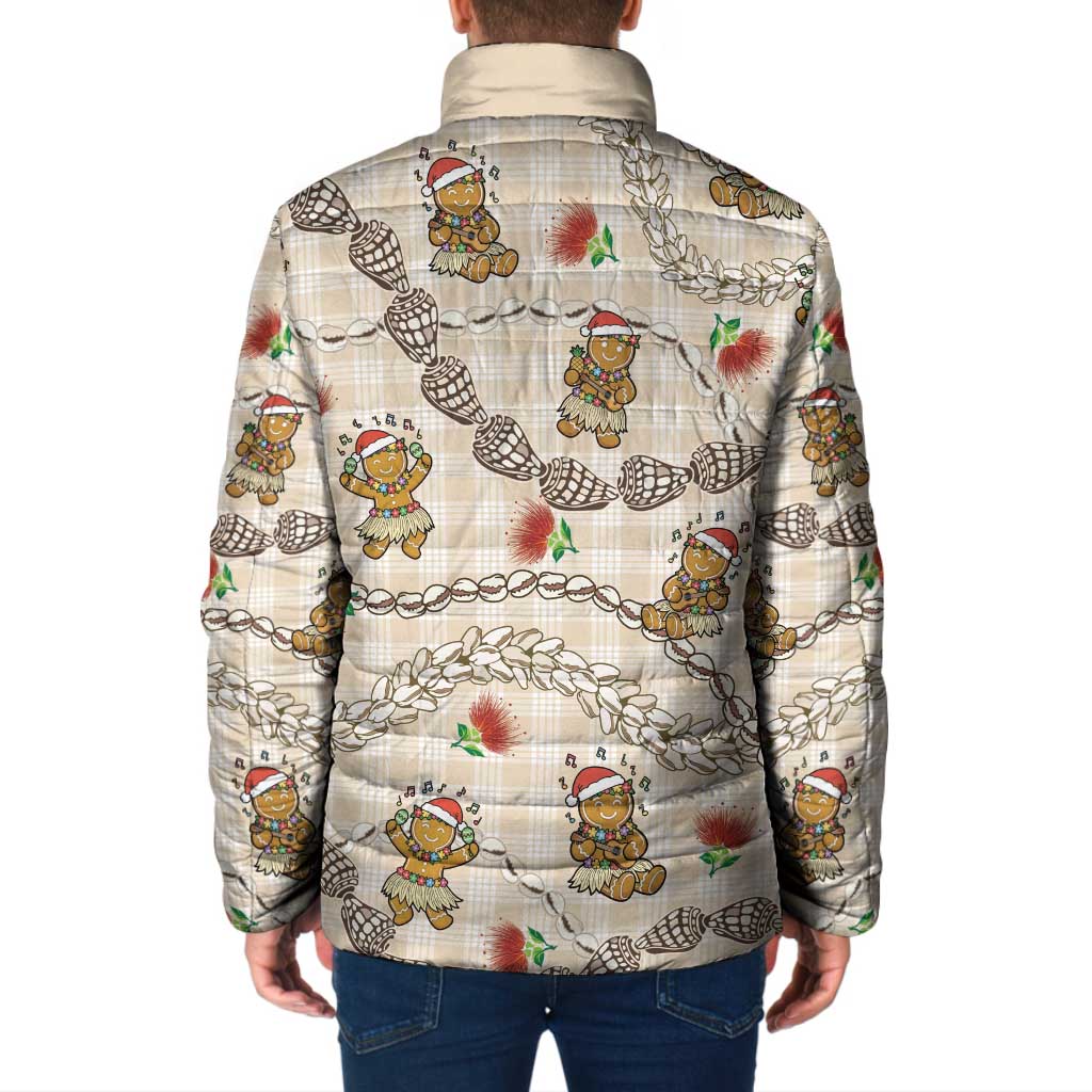 Beige Palaka Hawaii Mele Kalikimaka Padded Jacket Ohia Lehua Shell Leis Funny Gingerbread Santa - Polynesian Pride