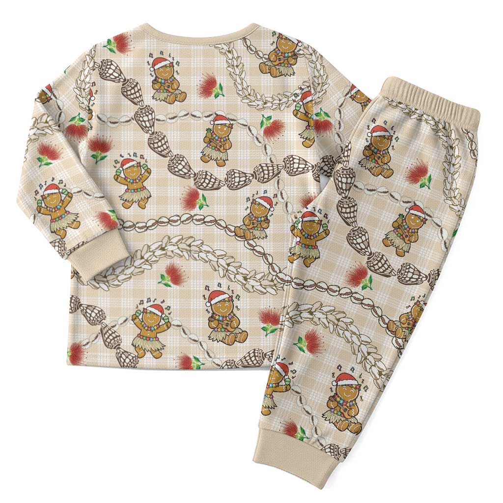 Beige Palaka Hawaii Mele Kalikimaka Christmas Pajama Set Ohia Lehua Shell Leis Funny Gingerbread Santa LT14 - Polynesian Pride