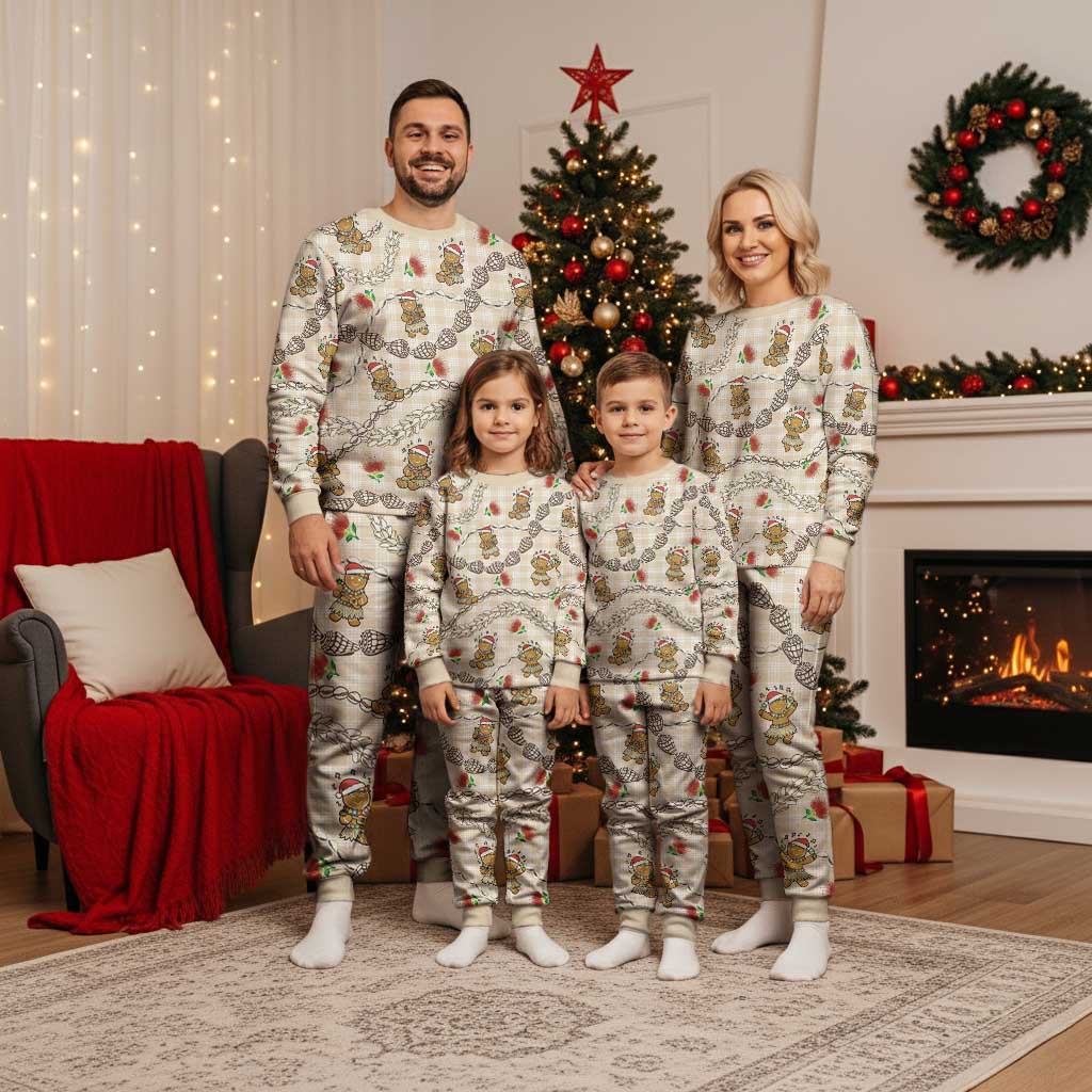 Beige Palaka Hawaii Mele Kalikimaka Christmas Pajama Set Ohia Lehua Shell Leis Funny Gingerbread Santa LT14 - Polynesian Pride
