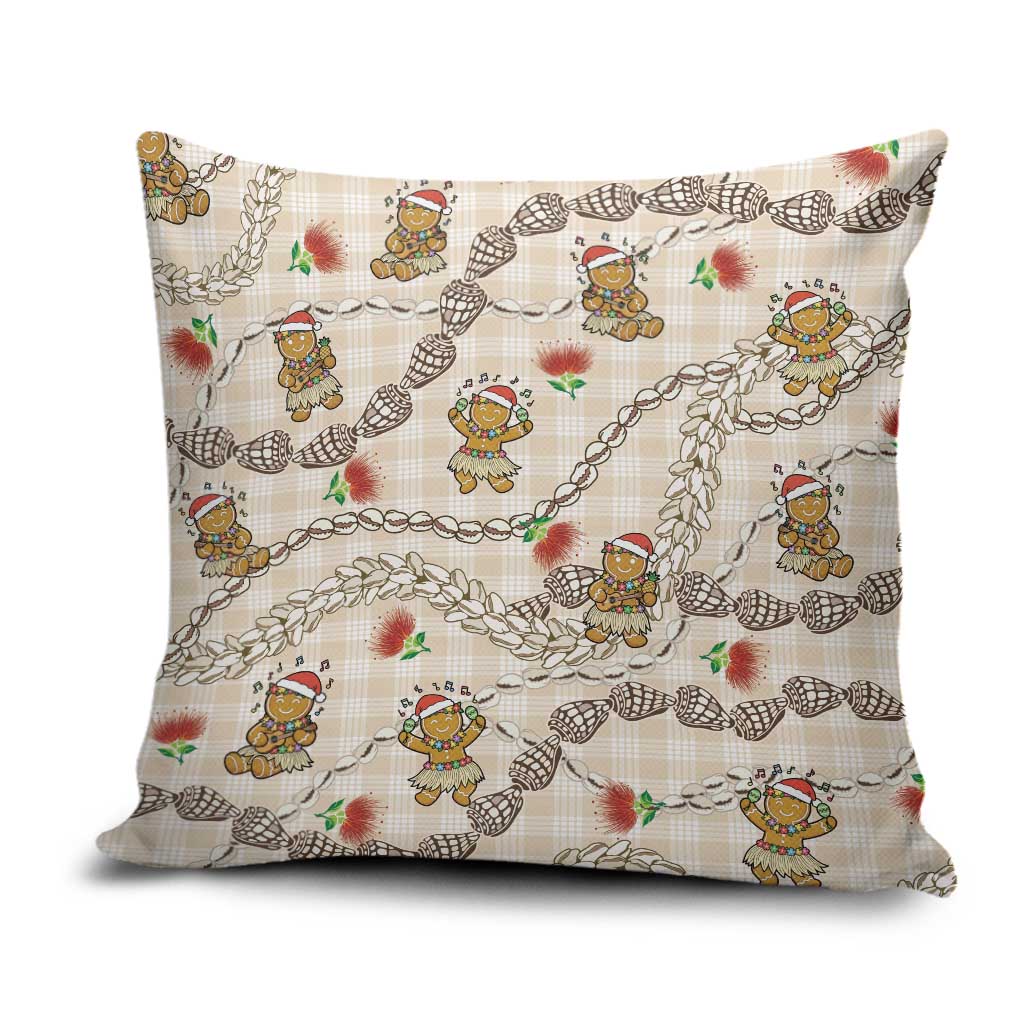 Beige Palaka Hawaii Mele Kalikimaka Pillow Cover Ohia Lehua Shell Leis Funny Gingerbread Santa - Polynesian Pride