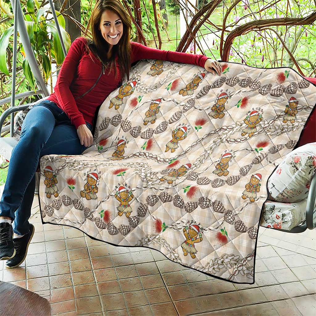 Beige Palaka Hawaii Mele Kalikimaka Quilt Ohia Lehua Shell Leis Funny Gingerbread Santa - Polynesian Pride