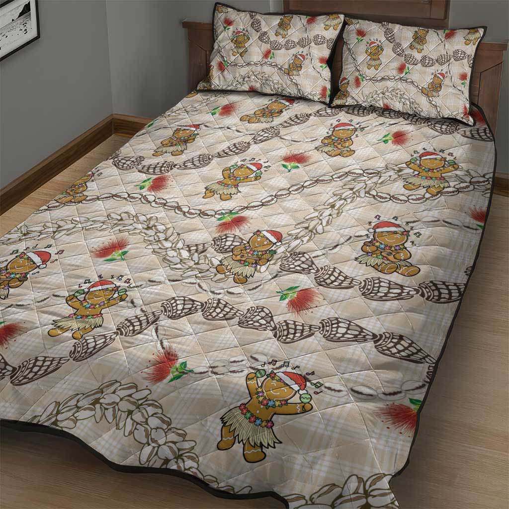 Beige Palaka Hawaii Mele Kalikimaka Quilt Bed Set Ohia Lehua Shell Leis Funny Gingerbread Santa - Polynesian Pride