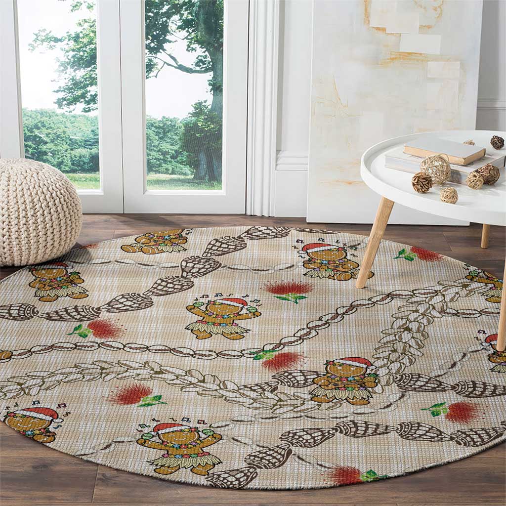 Beige Palaka Hawaii Mele Kalikimaka Round Carpet Ohia Lehua Shell Leis Funny Gingerbread Santa - Polynesian Pride