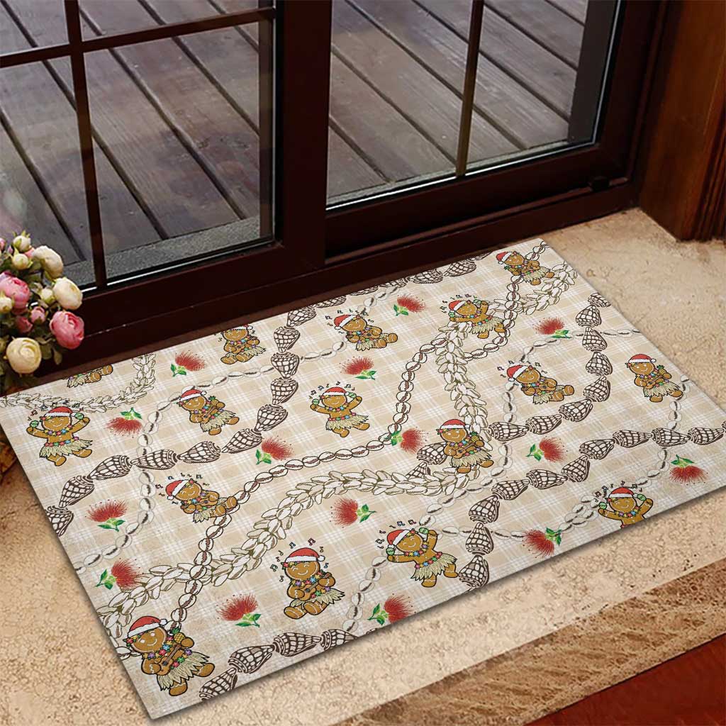 Beige Palaka Hawaii Mele Kalikimaka Rubber Doormat Ohia Lehua Shell Leis Funny Gingerbread Santa - Polynesian Pride