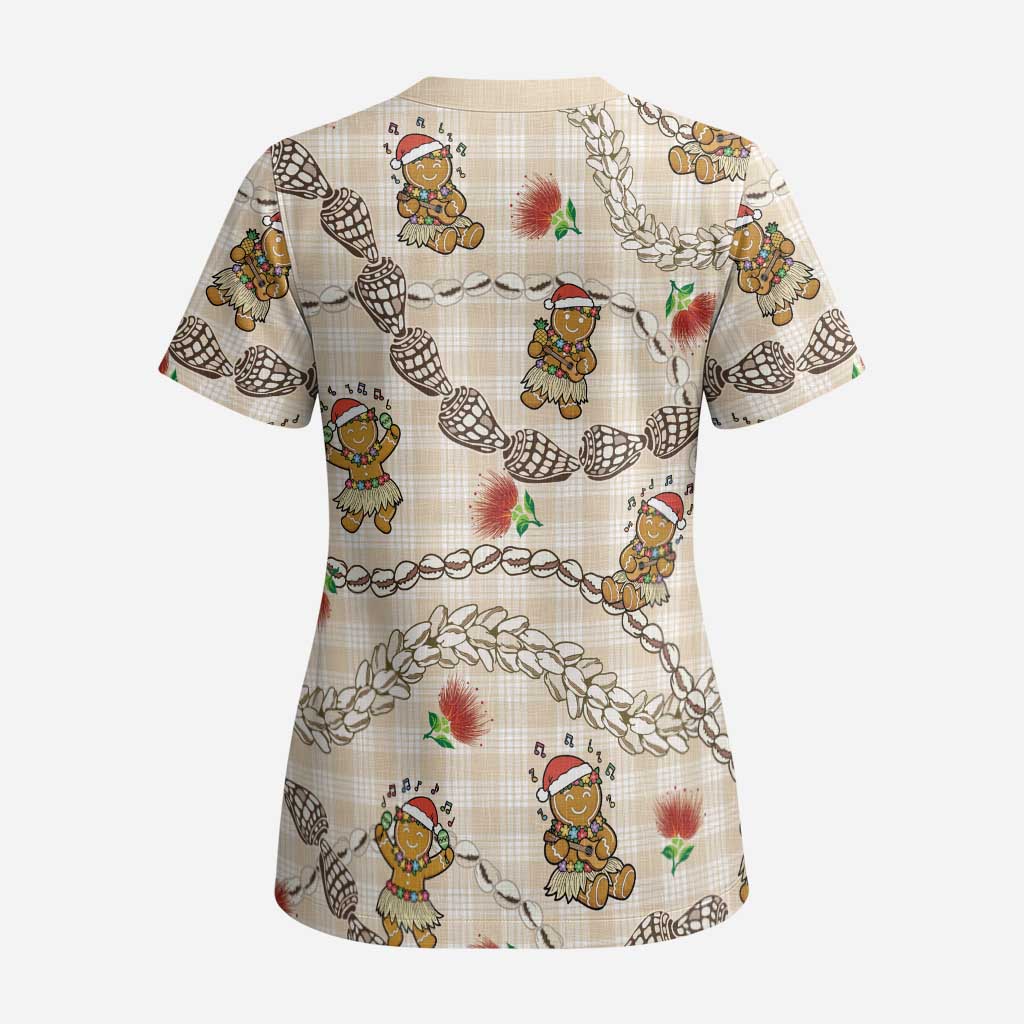 Beige Palaka Hawaii Mele Kalikimaka Scrub Top Ohia Lehua Shell Leis Funny Gingerbread Santa - Polynesian Pride