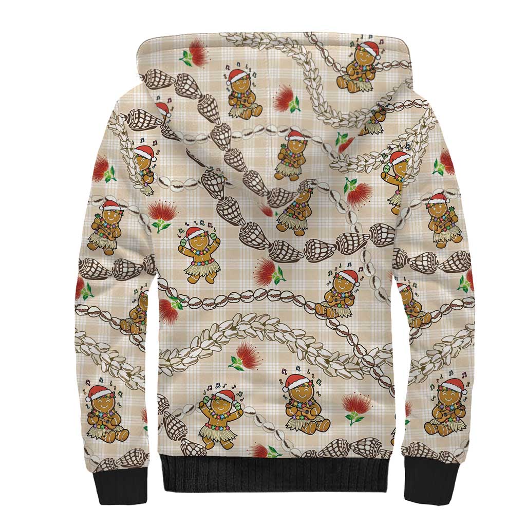 Beige Palaka Hawaii Mele Kalikimaka Sherpa Hoodie Ohia Lehua Shell Leis Funny Gingerbread Santa - Polynesian Pride