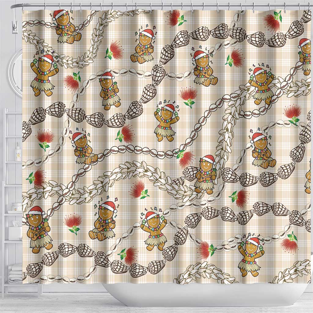 Beige Palaka Hawaii Mele Kalikimaka Shower Curtain Ohia Lehua Shell Leis Funny Gingerbread Santa - Polynesian Pride