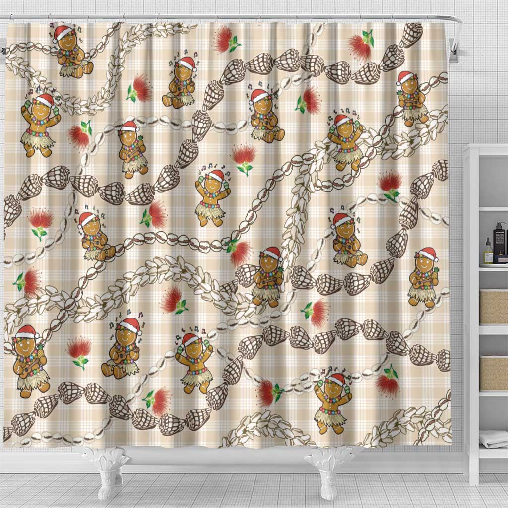 Beige Palaka Hawaii Mele Kalikimaka Shower Curtain Ohia Lehua Shell Leis Funny Gingerbread Santa - Polynesian Pride
