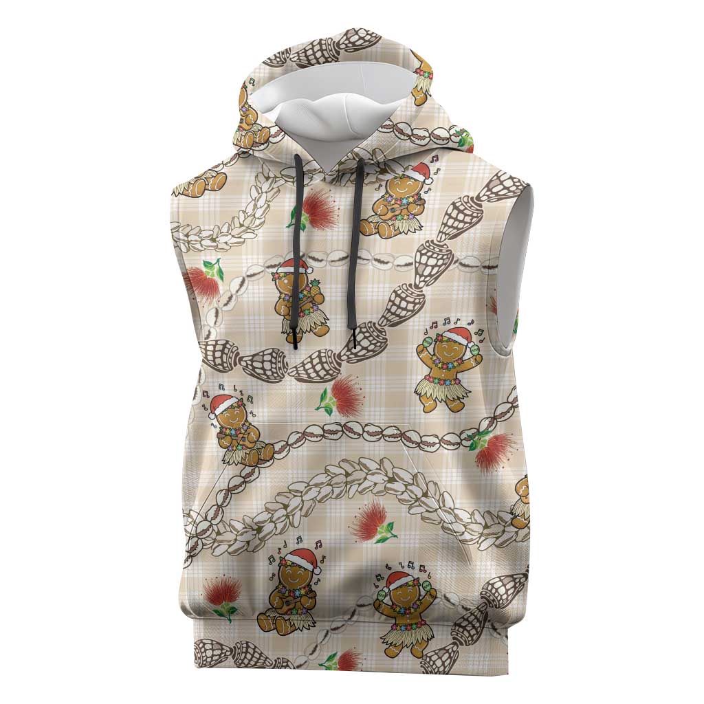 Beige Palaka Hawaii Mele Kalikimaka Sleeveless Hoodie Ohia Lehua Shell Leis Funny Gingerbread Santa - Polynesian Pride