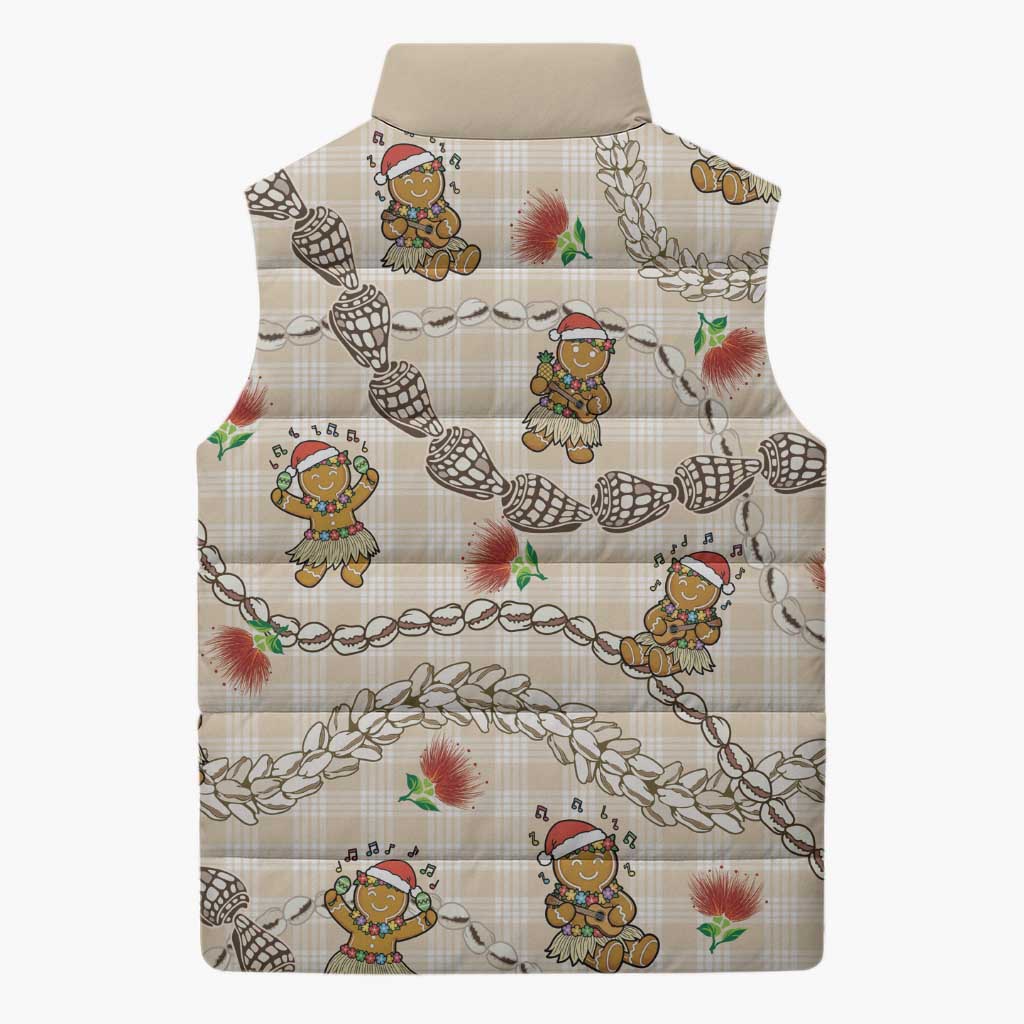 Beige Palaka Hawaii Mele Kalikimaka Sleeveless Puffer Jacket Ohia Lehua Shell Leis Funny Gingerbread Santa - Polynesian Pride