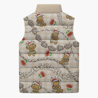 Beige Palaka Hawaii Mele Kalikimaka Sleeveless Puffer Jacket Ohia Lehua Shell Leis Funny Gingerbread Santa - Polynesian Pride