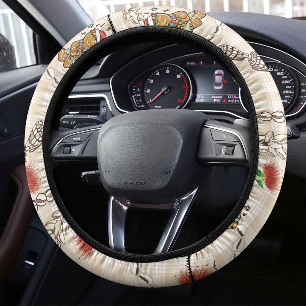 Beige Palaka Hawaii Mele Kalikimaka Steering Wheel Cover Ohia Lehua Shell Leis Funny Gingerbread Santa - Polynesian Pride