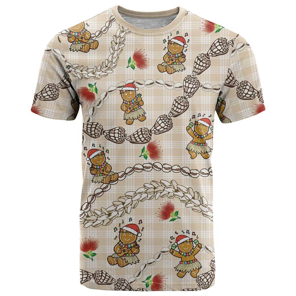 Beige Palaka Hawaii Mele Kalikimaka T Shirt Ohia Lehua Shell Leis Funny Gingerbread Santa - Polynesian Pride