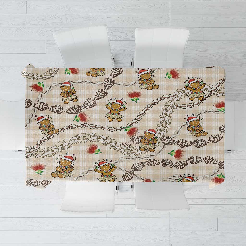 Beige Palaka Hawaii Mele Kalikimaka Tablecloth Ohia Lehua Shell Leis Funny Gingerbread Santa - Polynesian Pride
