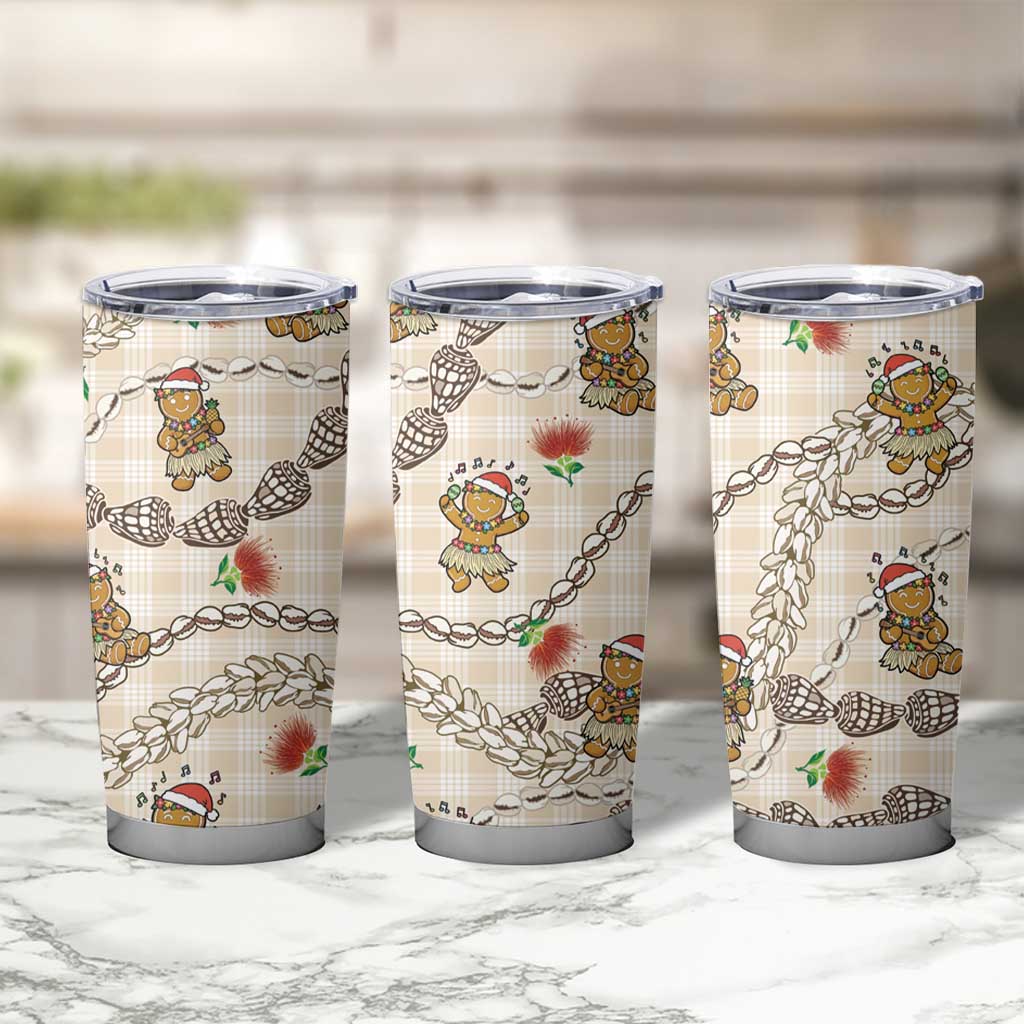 Beige Palaka Hawaii Mele Kalikimaka Tumbler Cup Ohia Lehua Shell Leis Funny Gingerbread Santa - Polynesian Pride