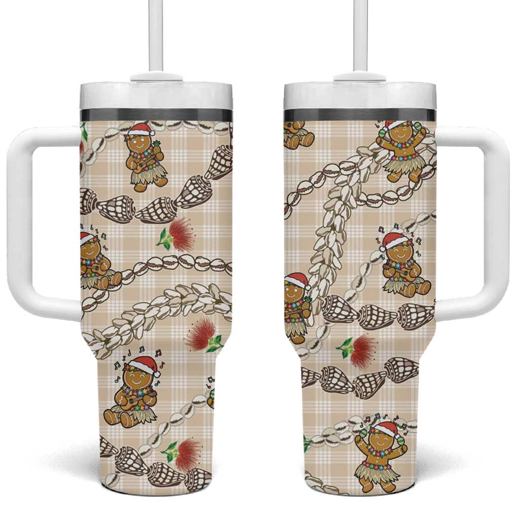 Beige Palaka Hawaii Mele Kalikimaka Tumbler With Handle Ohia Lehua Shell Leis Funny Gingerbread Santa - Polynesian Pride