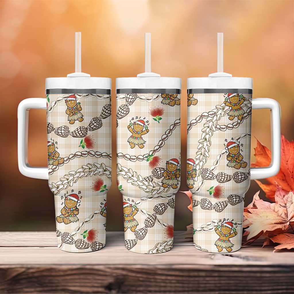 Beige Palaka Hawaii Mele Kalikimaka Tumbler With Handle Ohia Lehua Shell Leis Funny Gingerbread Santa - Polynesian Pride