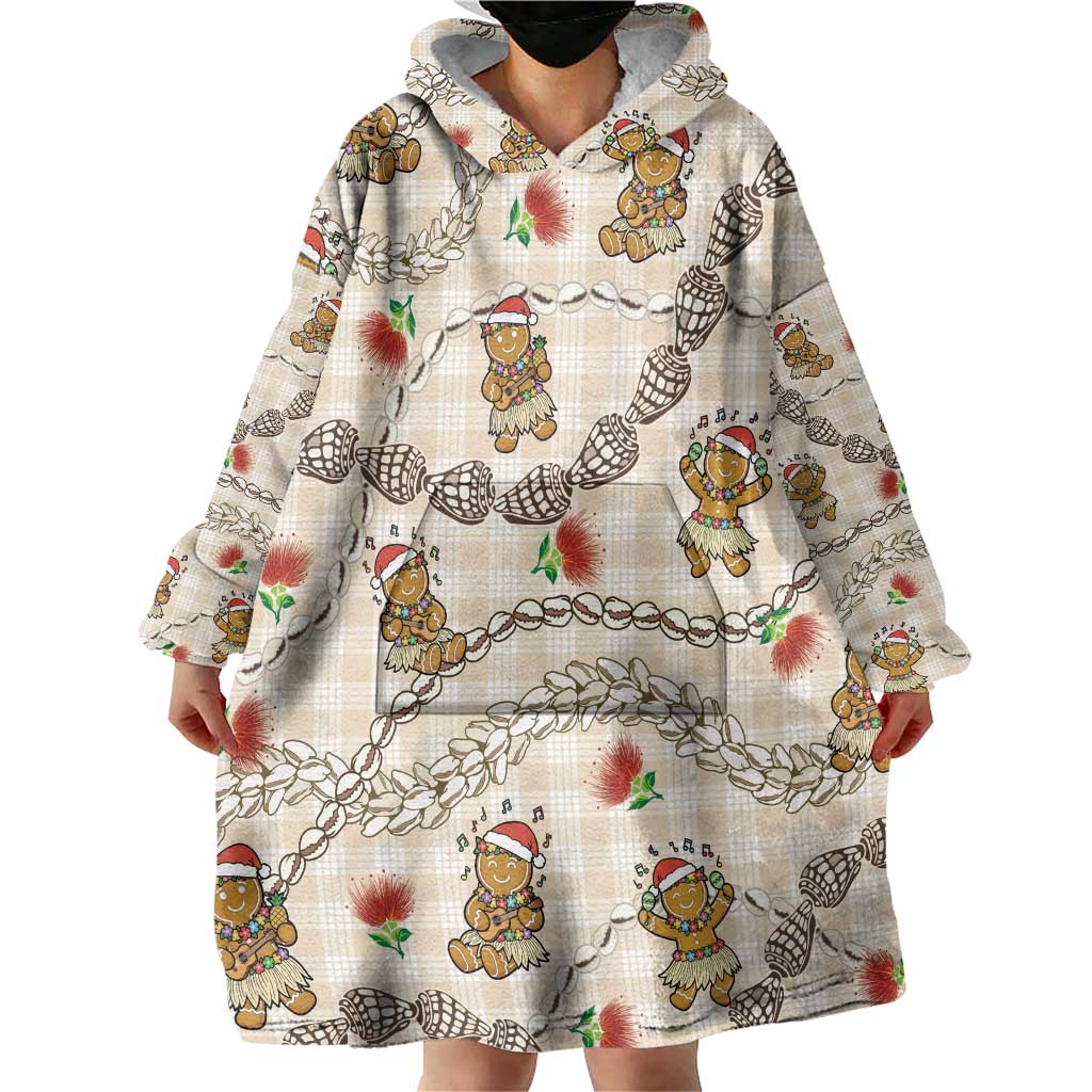 Beige Palaka Hawaii Mele Kalikimaka Wearable Blanket Hoodie Ohia Lehua Shell Leis Funny Gingerbread Santa - Polynesian Pride