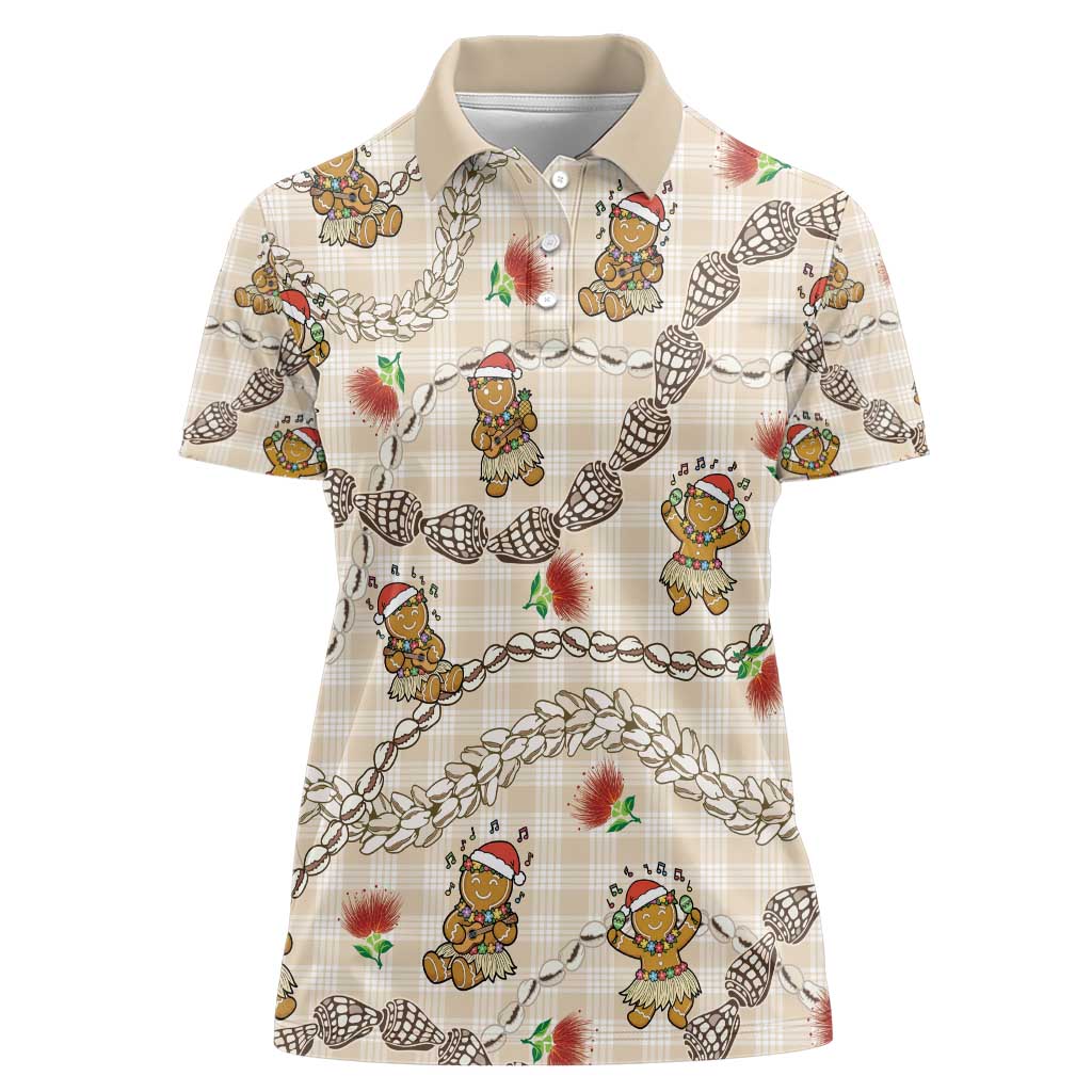 Beige Palaka Hawaii Mele Kalikimaka Women Polo Shirt Ohia Lehua Shell Leis Funny Gingerbread Santa - Polynesian Pride