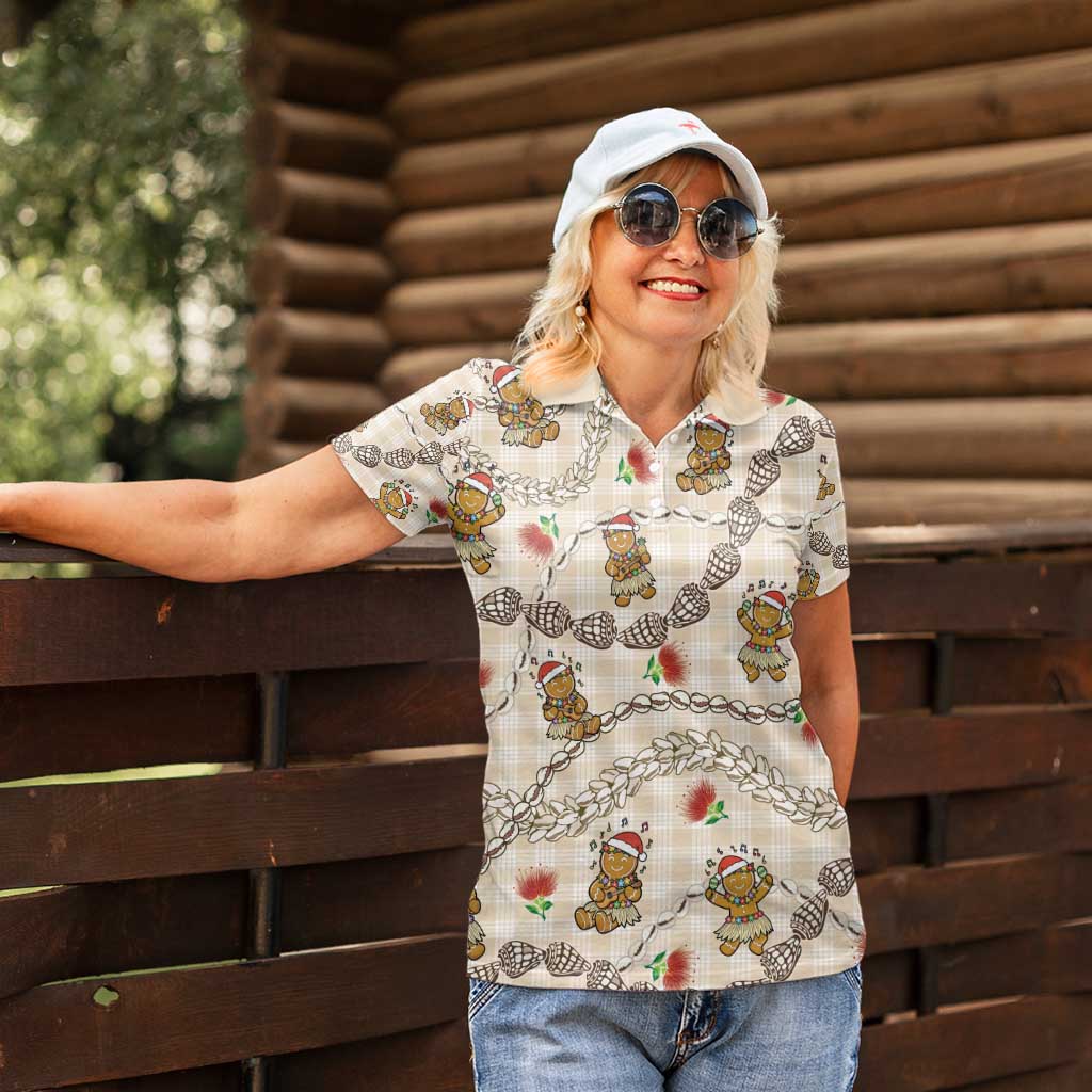 Beige Palaka Hawaii Mele Kalikimaka Women Polo Shirt Ohia Lehua Shell Leis Funny Gingerbread Santa - Polynesian Pride