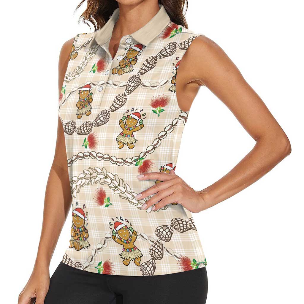 Beige Palaka Hawaii Mele Kalikimaka Women Sleeveless Polo Shirt Ohia Lehua Shell Leis Funny Gingerbread Santa - Polynesian Pride