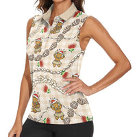 Beige Palaka Hawaii Mele Kalikimaka Women Sleeveless Polo Shirt Ohia Lehua Shell Leis Funny Gingerbread Santa - Polynesian Pride