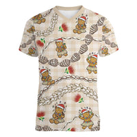 Beige Palaka Hawaii Mele Kalikimaka Women V-Neck T-Shirt Ohia Lehua Shell Leis Funny Gingerbread Santa - Polynesian Pride