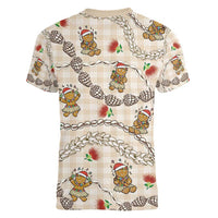Beige Palaka Hawaii Mele Kalikimaka Women V-Neck T-Shirt Ohia Lehua Shell Leis Funny Gingerbread Santa - Polynesian Pride