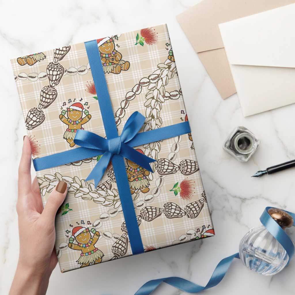 Beige Palaka Hawaii Mele Kalikimaka Wrapping Paper Ohia Lehua Shell Leis Funny Gingerbread Santa LT14 - Polynesian Pride