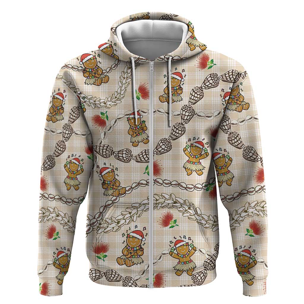 Beige Palaka Hawaii Mele Kalikimaka Zip Hoodie Ohia Lehua Shell Leis Funny Gingerbread Santa - Polynesian Pride
