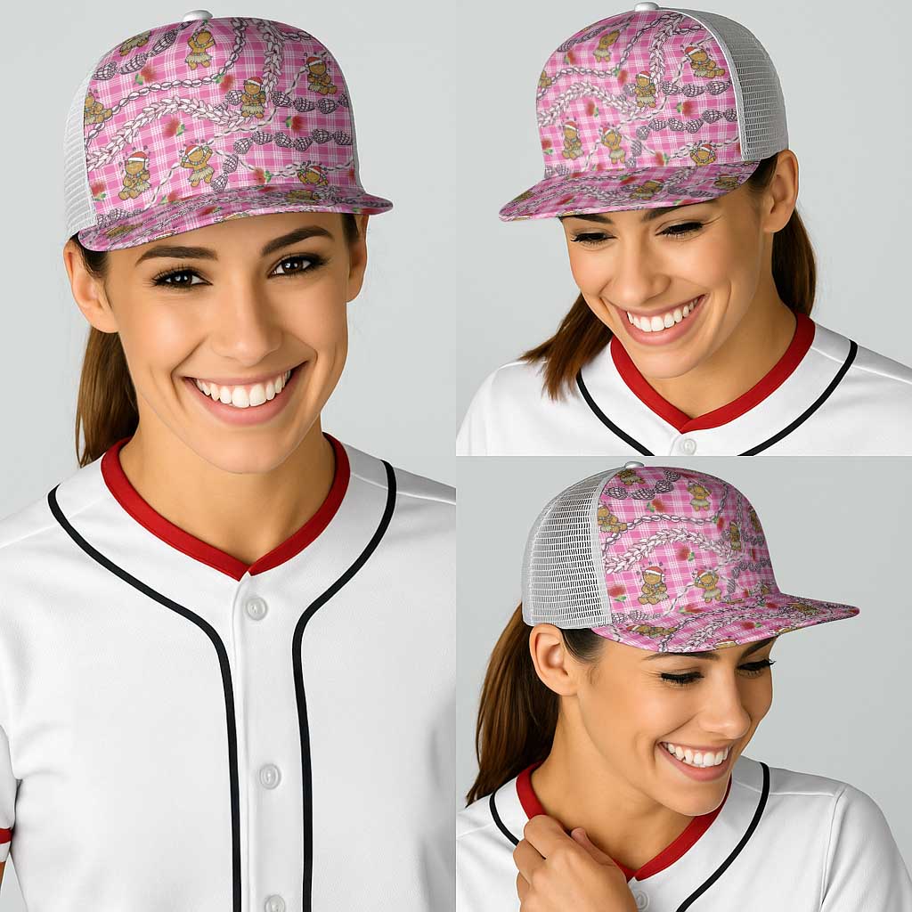 Pink Palaka Hawaii Mele Kalikimaka Baseball Net Cap Ohia Lehua Shell Leis Funny Gingerbread Santa LT14 - Polynesian Pride