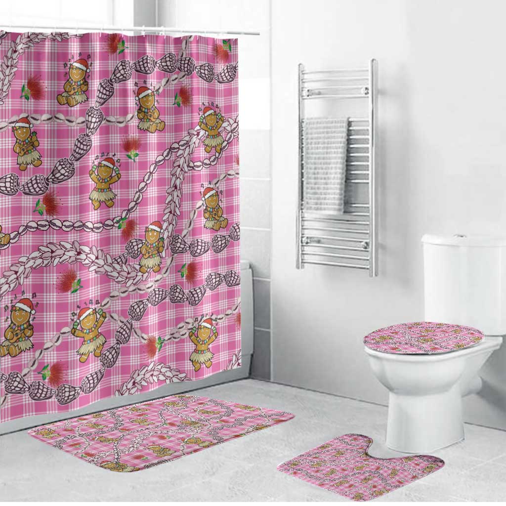 Pink Palaka Hawaii Mele Kalikimaka Bathroom Set Ohia Lehua Shell Leis Funny Gingerbread Santa - Polynesian Pride