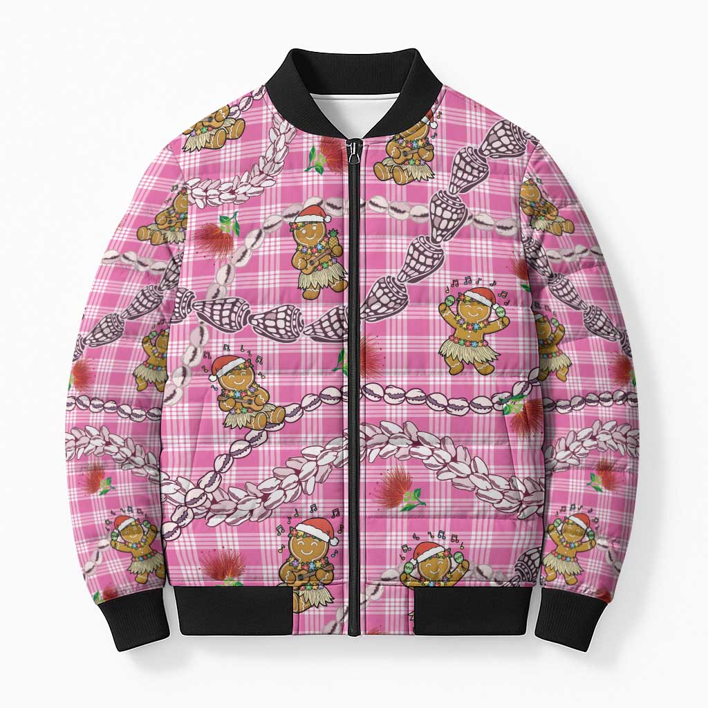 Pink Palaka Hawaii Mele Kalikimaka Bomber Puffer Jacket Ohia Lehua Shell Leis Funny Gingerbread Santa - Polynesian Pride