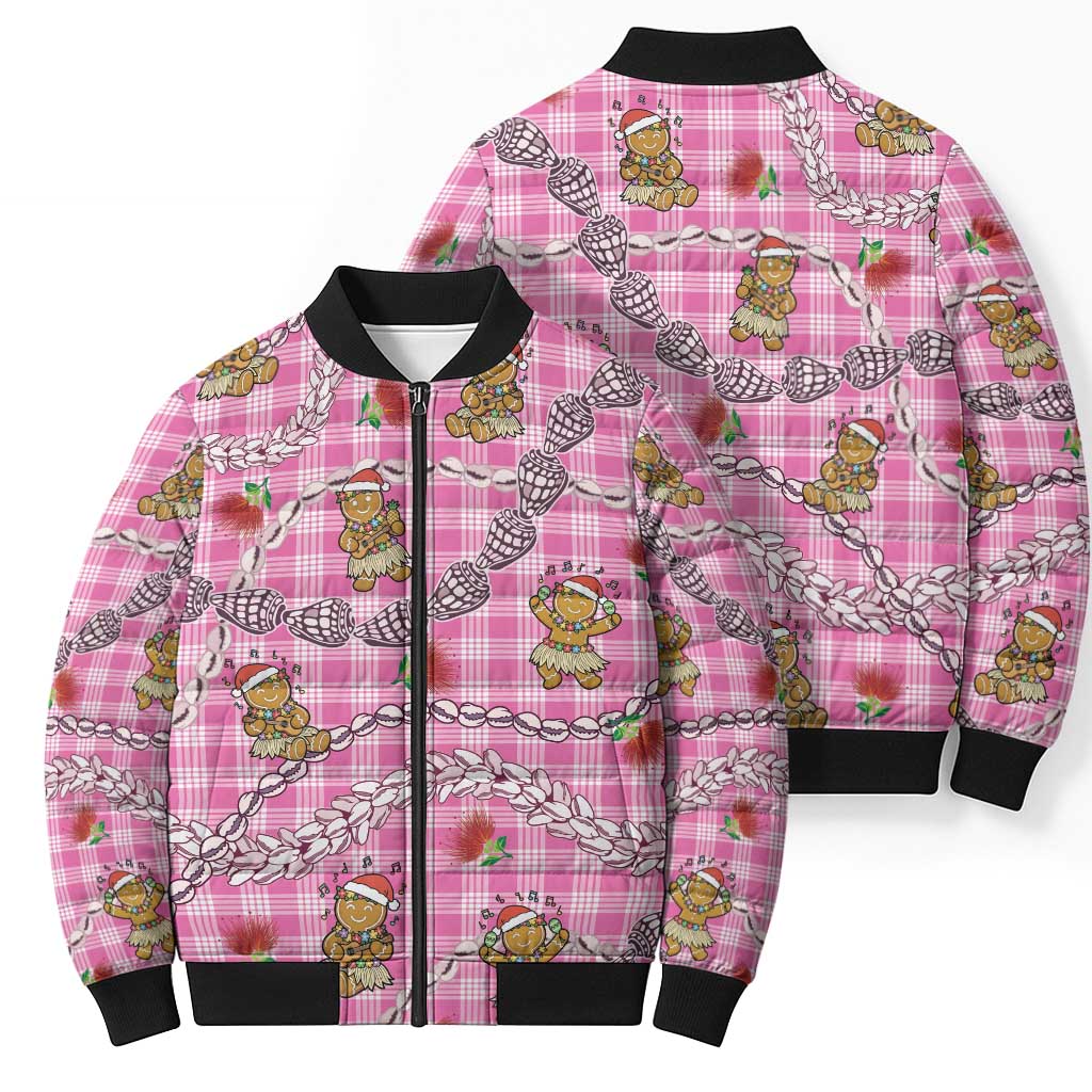 Pink Palaka Hawaii Mele Kalikimaka Bomber Puffer Jacket Ohia Lehua Shell Leis Funny Gingerbread Santa - Polynesian Pride